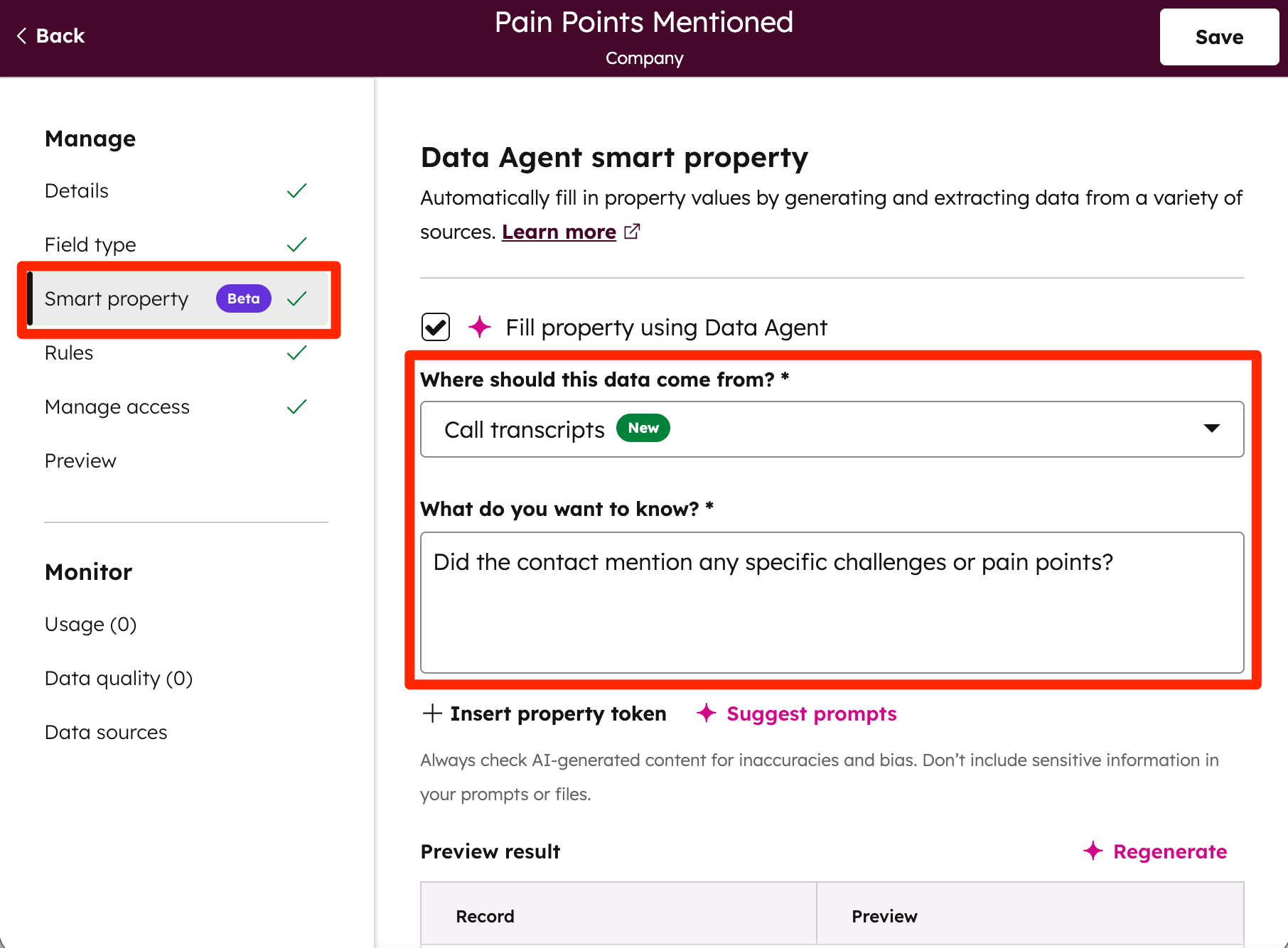 HubShots HubSpot Smart Property Settings Call Transcript Prompt