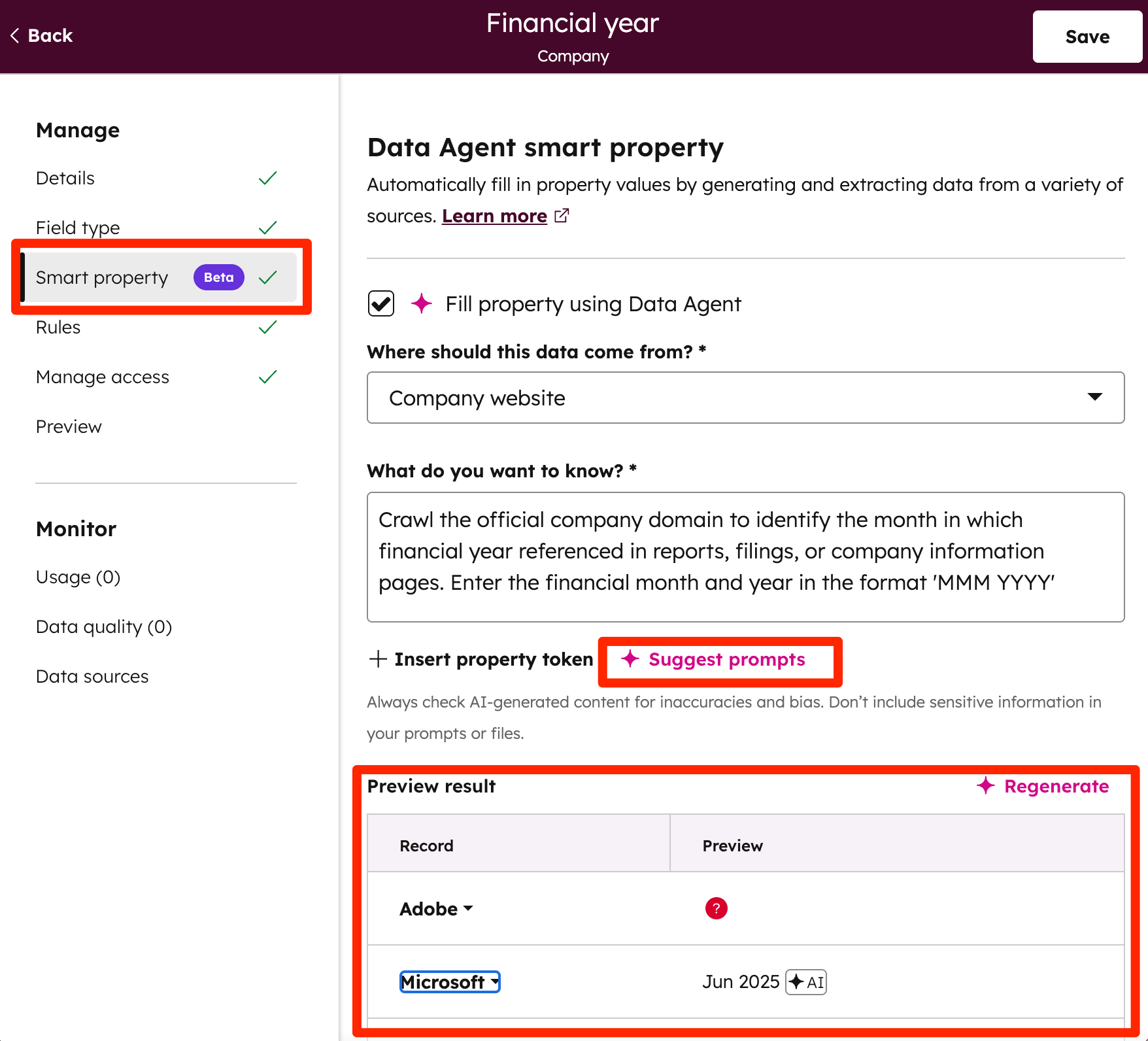 HubShots HubSpo Smar Property settings preview result