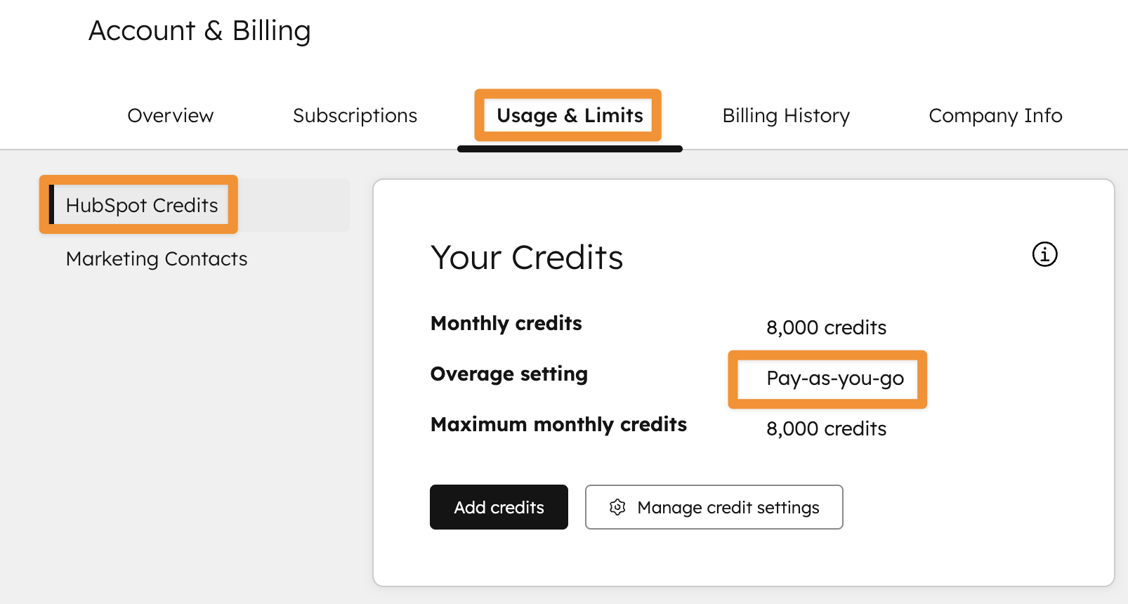 HubSpot Credits Overage Setting
