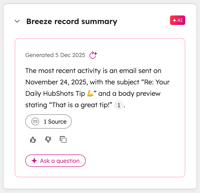 HubShots HubSpot Breeze record summary