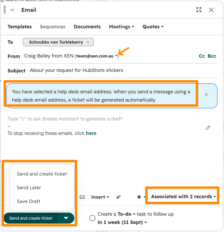 HubSpot helpdesk email send 1