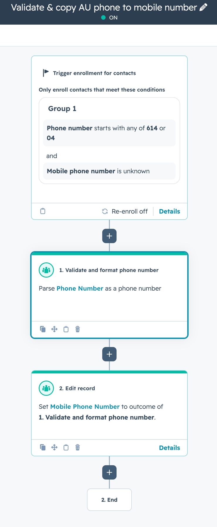 HubSpot phone format workflow