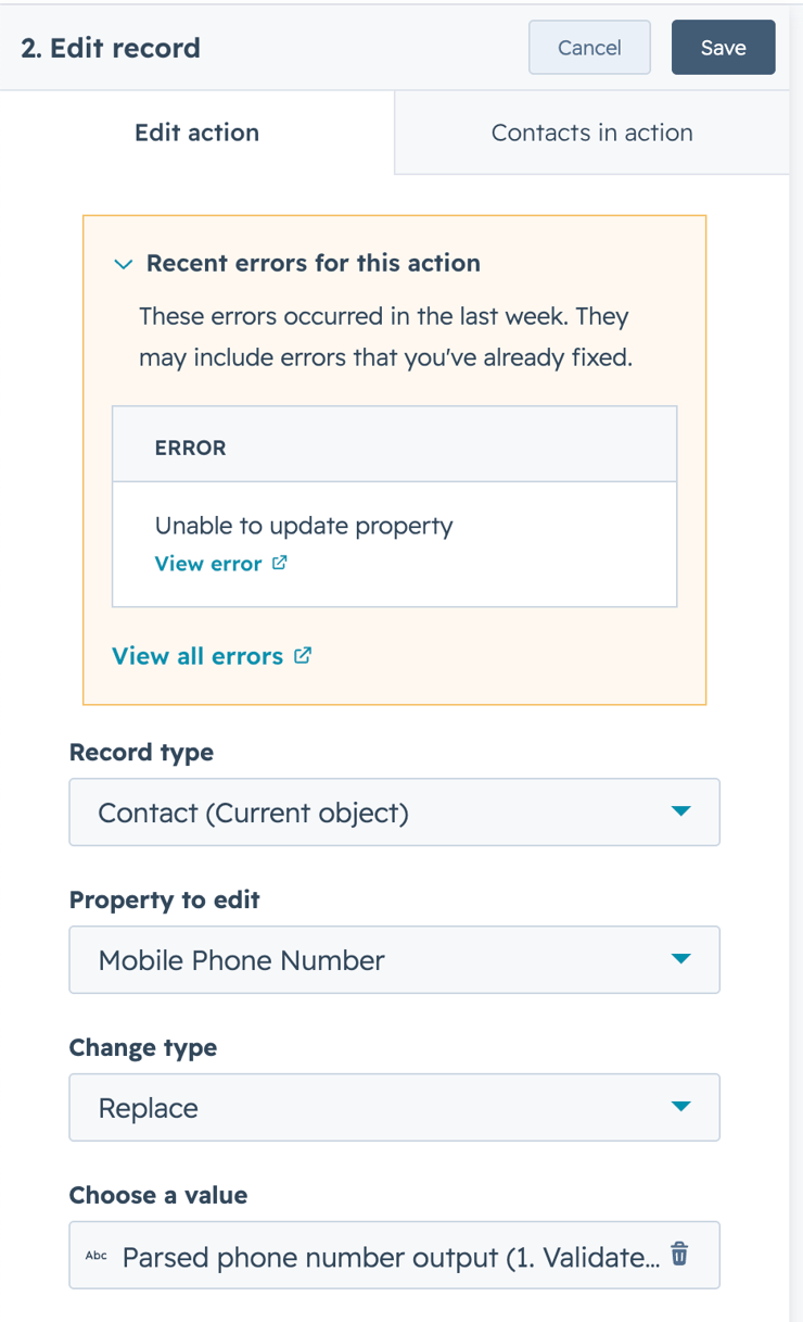 HubSpot phone format unable to update property error