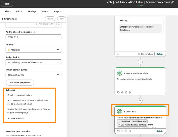 HubSpot substasks in workflow