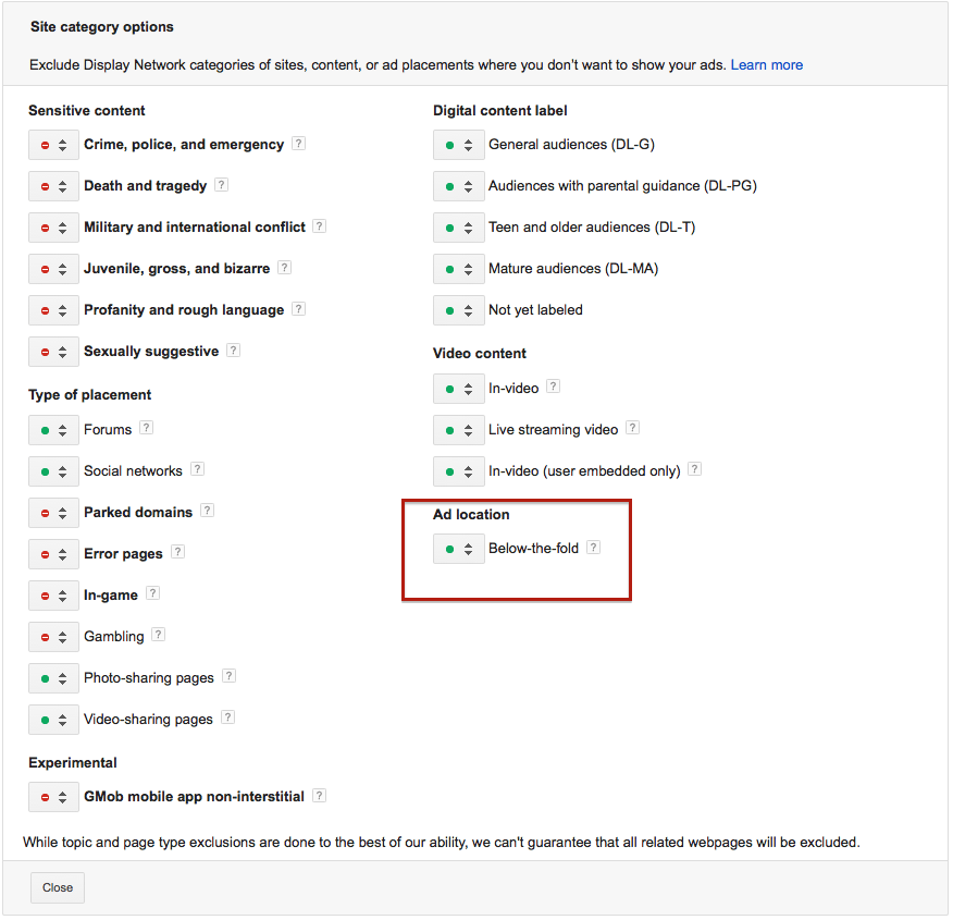 AdWords Site Category options