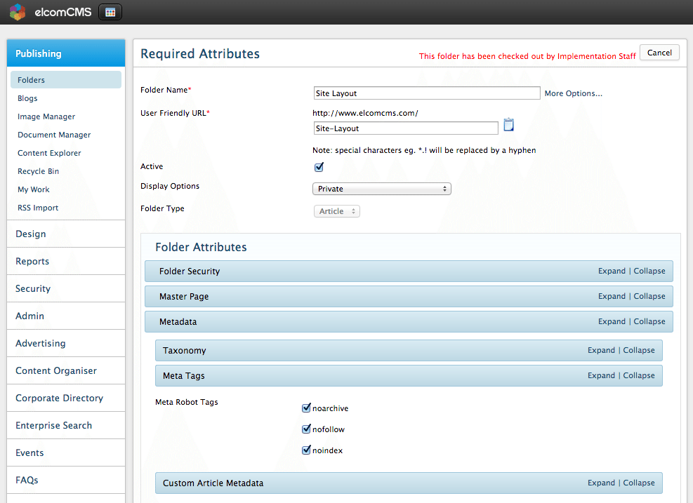 elcomCMS Folder Settings Meta tags