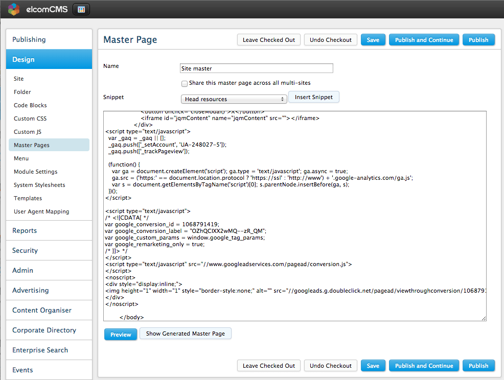 elcomCMS Master pages for setting Google Analytics and Google Webmaster Tools settings