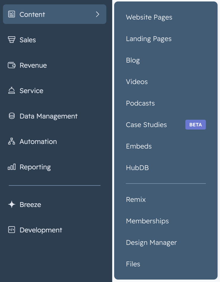 HubSpot Content Menu