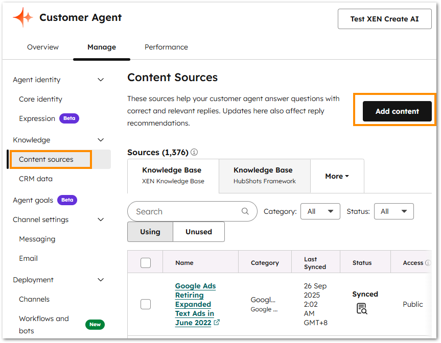 Add content sources to customer agent