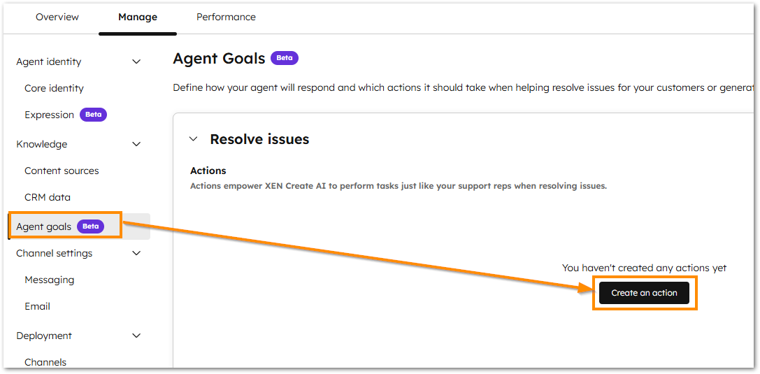 Customer agent creating an action