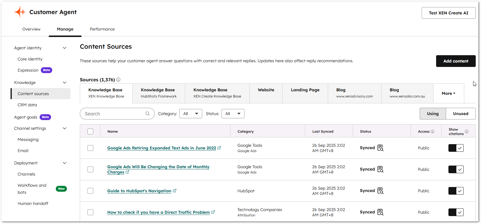 Customer Agent Knowledge Sources and Citations