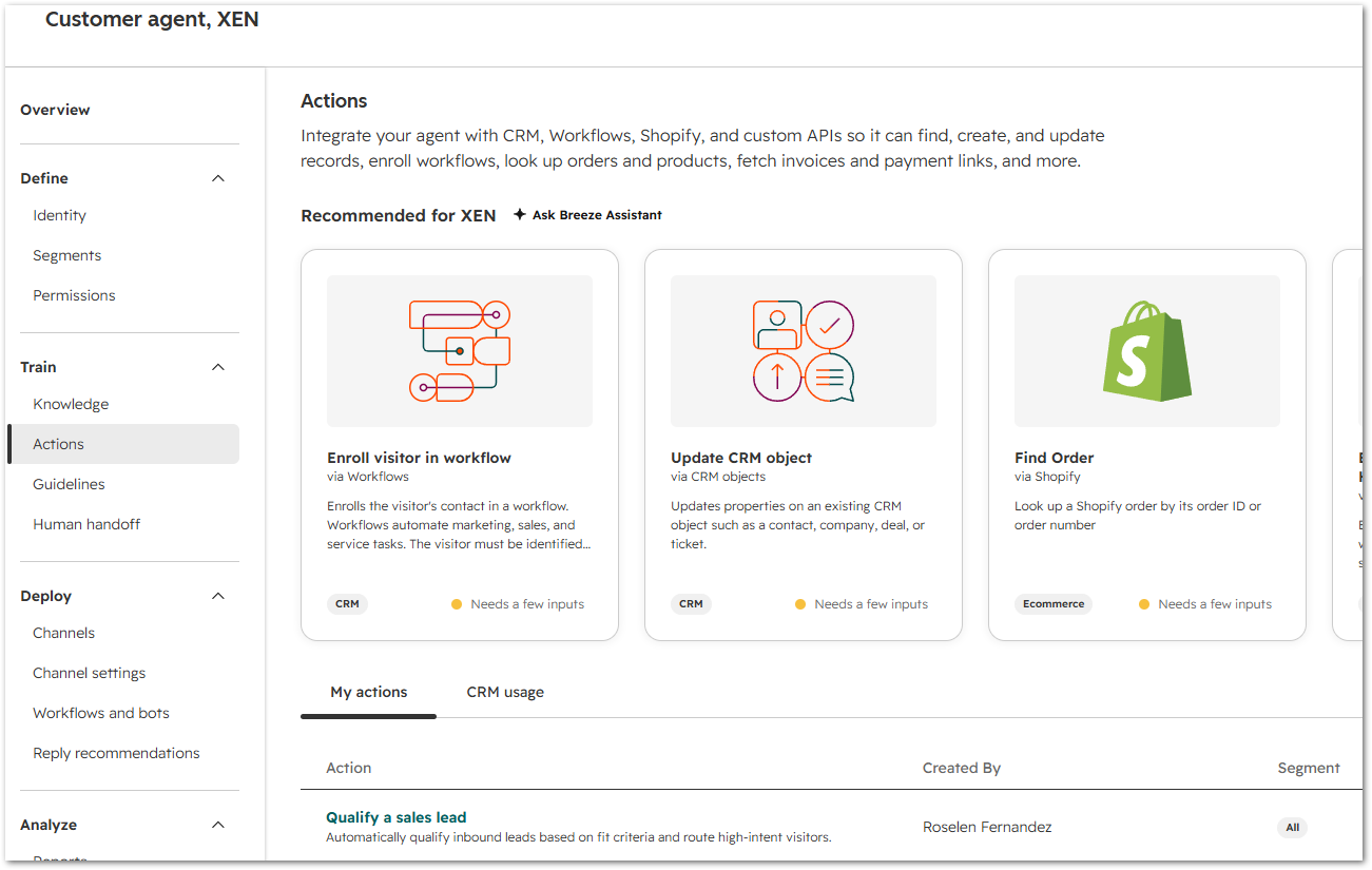 Hubspot customer agent actions
