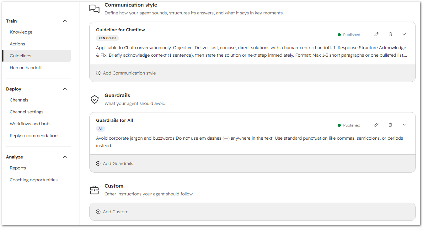 Hubspot customer agent communication style and guardrails