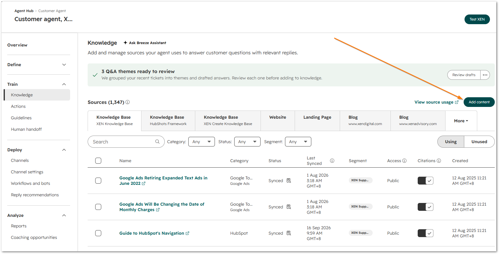 HubSpot customer agent add content