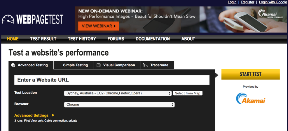 WebPagetest Website Performance and Optimization Test