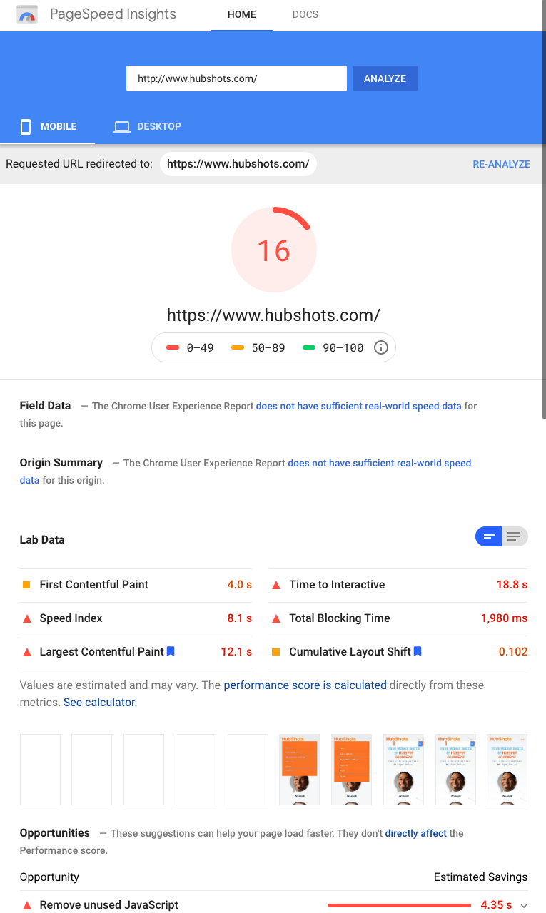 hubshots pagespeed insights 1