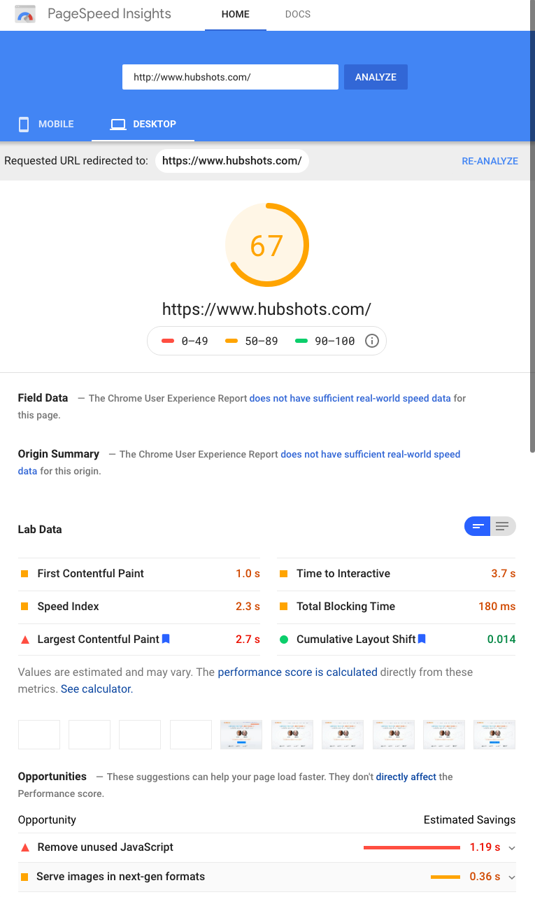 hubshots pagespeed insights 3