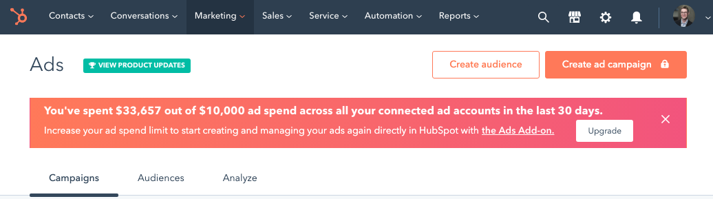 hubspot ads addon message