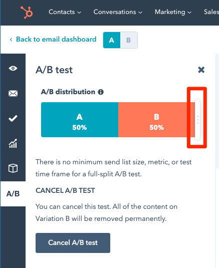 hubspot email default a b settings 2