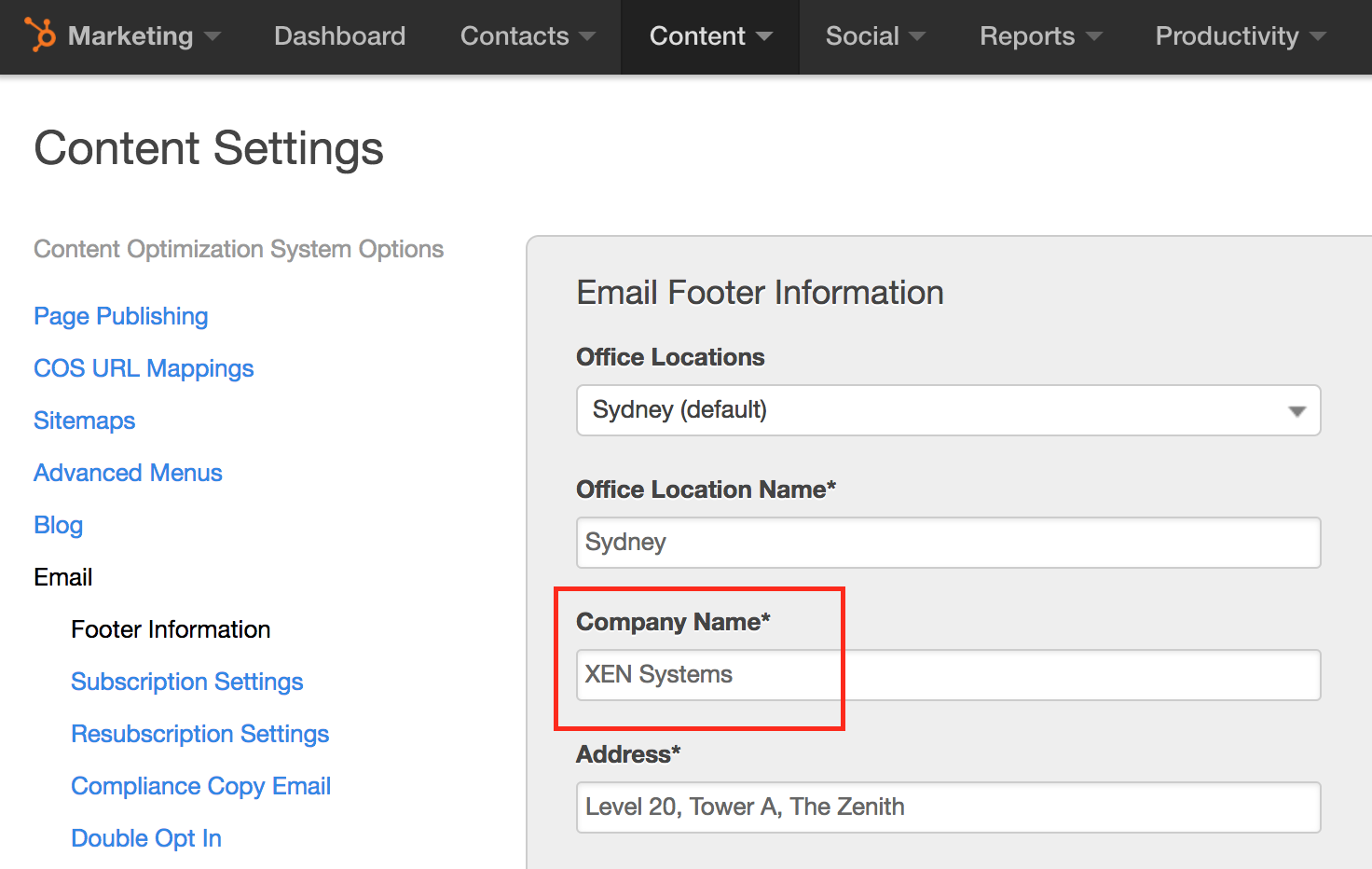 hubspot email settings company name