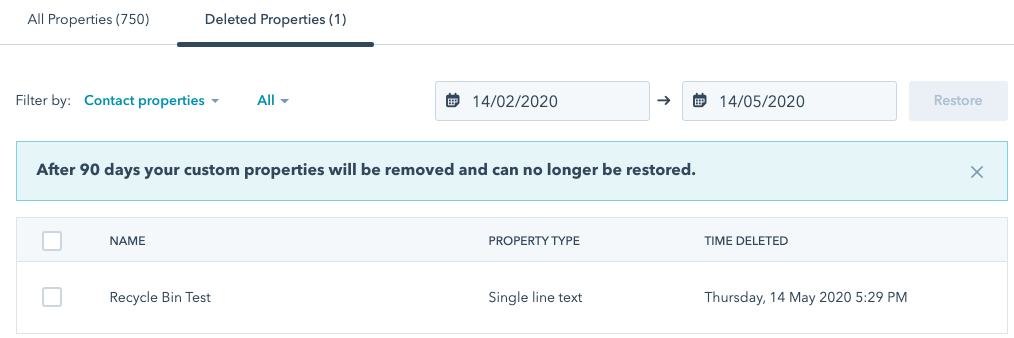 hubspot property recycle bin