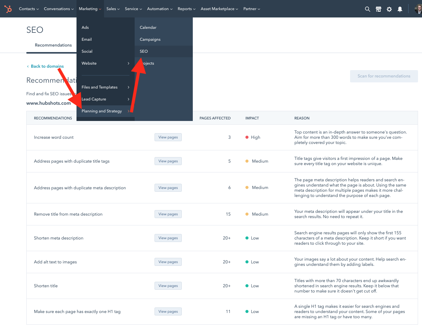 hubspot seo recommendations