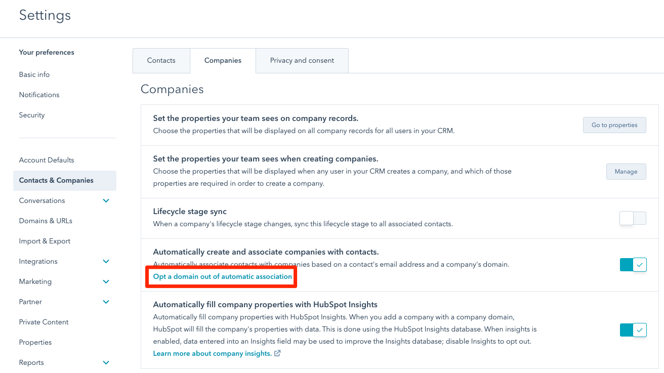 hubspot settings opt out domain