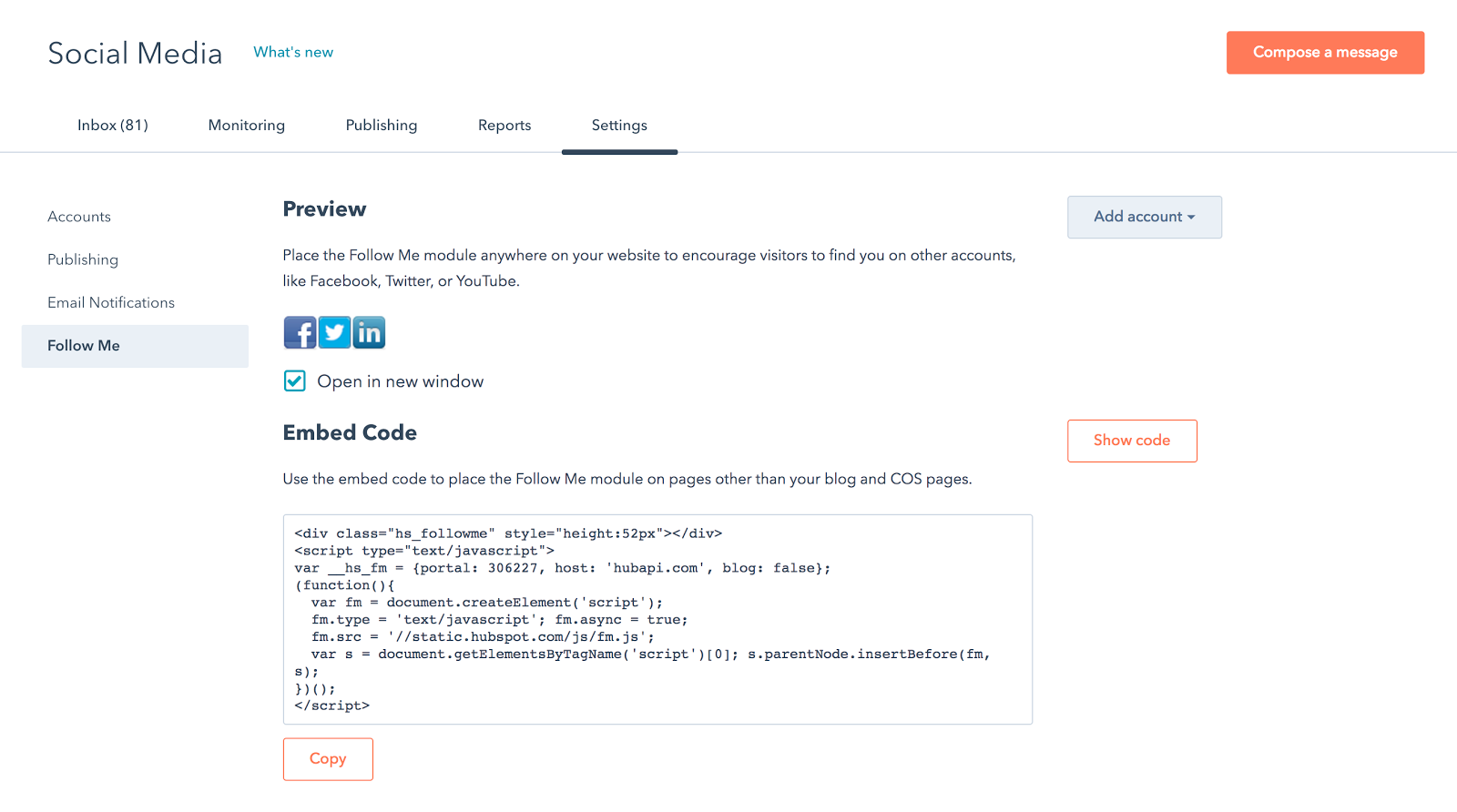 hubspot social follow me embed