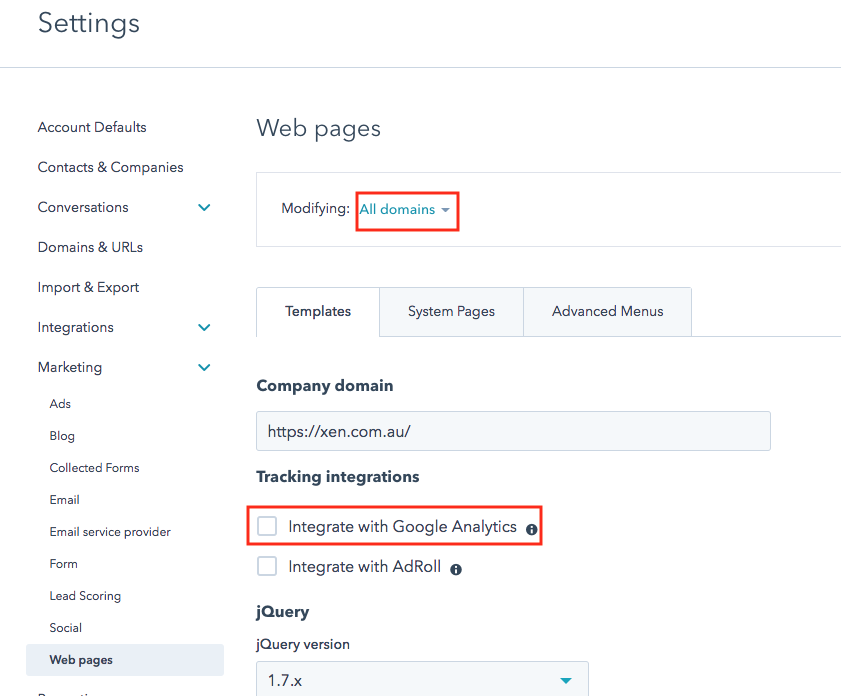 hubspot web settings ga